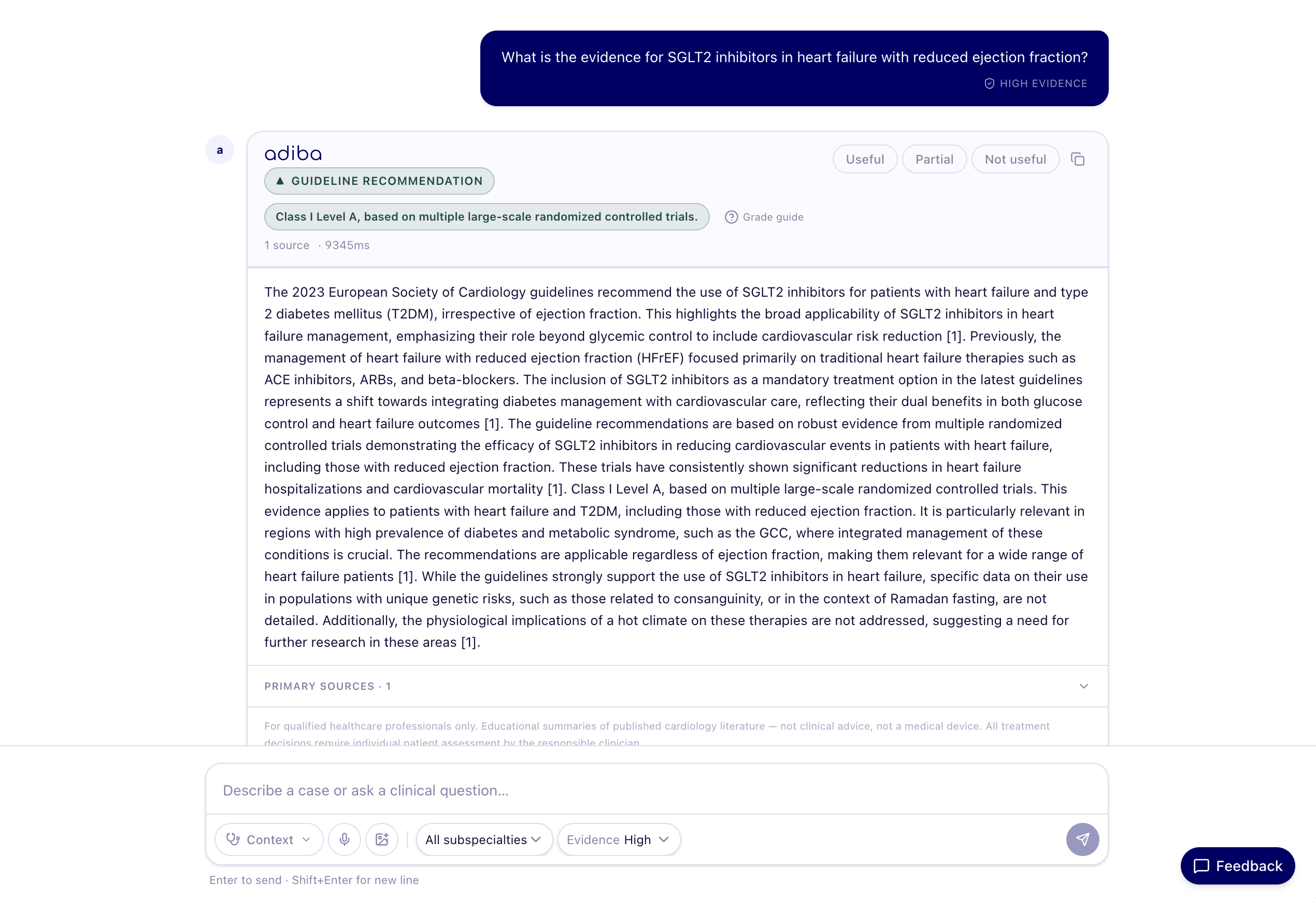 Adiba answer screen showing a high-evidence SGLT2 inhibitor response with guideline recommendation, primary sources, and feedback controls.