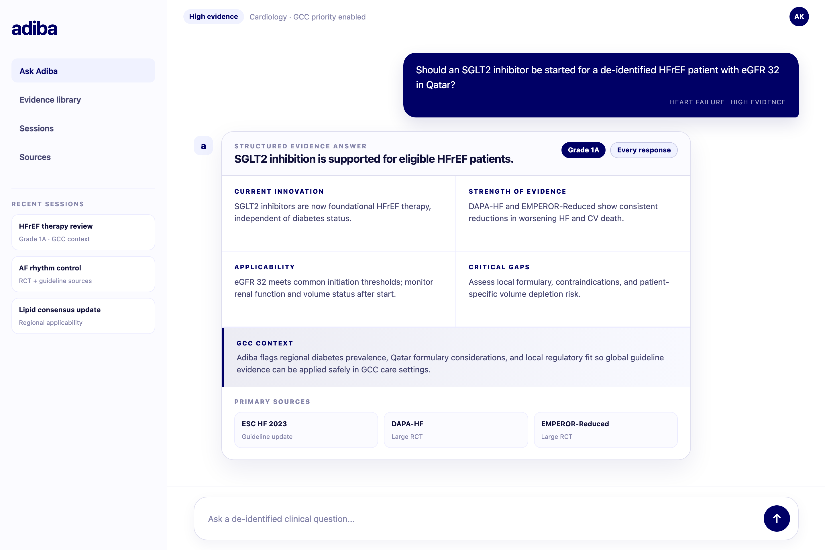 Screenshot of the Adiba clinical workspace showing a cardiology question, Grade 1A evidence answer, GCC context, and primary sources.